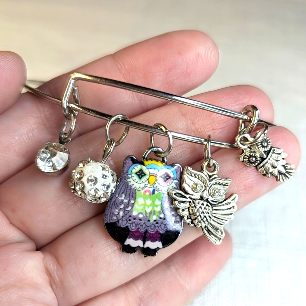 Owl Bangle Adjustable Bracelet Owls And Stones Charms Enamel Silver Tone